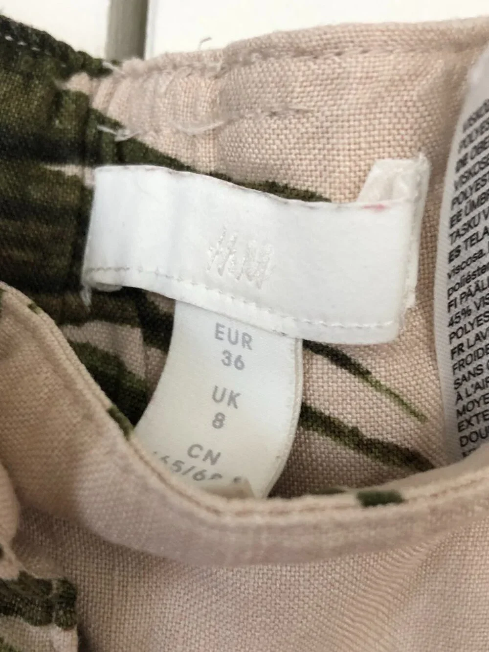 H&M Beige Green Tropical Palm Leaf Linen Blend Wide Leg Culotte Pants 12 102-09